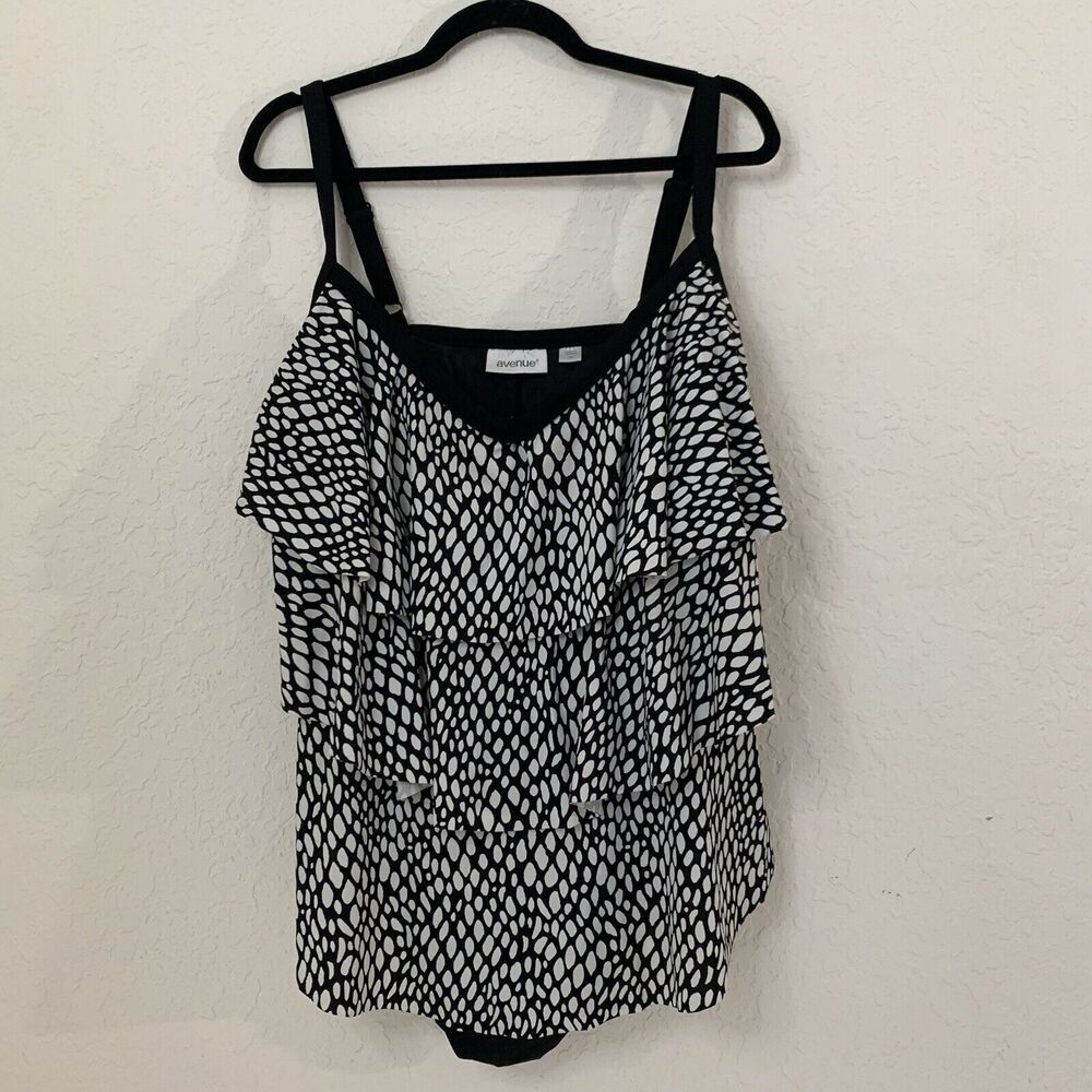 Avenue Swimsuit One Piece Women 24 Black Dot Ruffle Tiered Beach Coastal Resort
